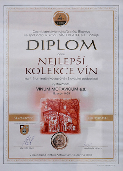 Cech blatnických vinařů a OÚ Blatnice ve spolupráci s fimou VÍNO BLATEL a.s. uděluje diplom - Nejlepší kolekce vín na 4. Nominační výstavě vín Slovácké podoblasti.