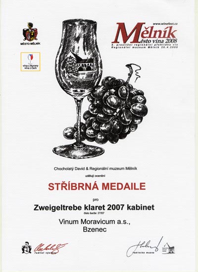 Chocholatý David & Regionální muzeum Mělník udělují ocenění Stříbrná medaile pro Zweigeltrebe klaret 2007 kabinet, č. šarže 22/07