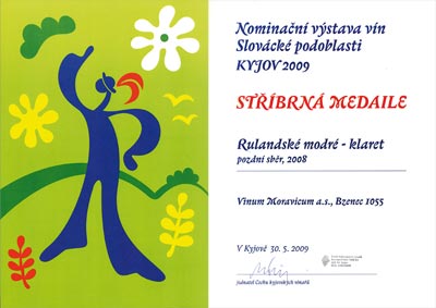 Nominační výstava vín Slovácké podoblasti Kyjov 2009 - Stříbrná medaile - Rulandské modré - klaret, pozdní sběr, 2008.