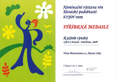 Nominační výstava vín Slovácké podoblasti Kyjov 2009 - Stříbrná medaile - Ryzlink rýnský, výběr z hroznů - botritida, 2008.
