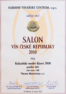 Národní vinařské centrum OPS uděluje titul 'Salon vín České republiky 2010' vínu Rulandské modré klaret 2008