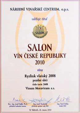Národní vinařské centrum OPS uděluje titul 'Salon vín České republiky 2010' vínu Ryzlink vlašský 2008