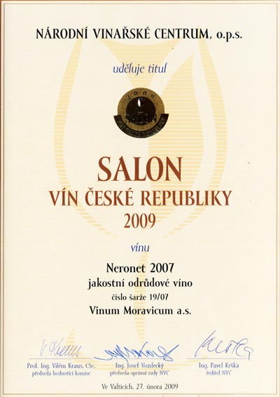 Národní vinařské centrum, o.p.s. uděluje titul Salon vín České republiky 2009 vínu Neronet  2007, jakostní odrůdové víno, č. šarže: 19/07.