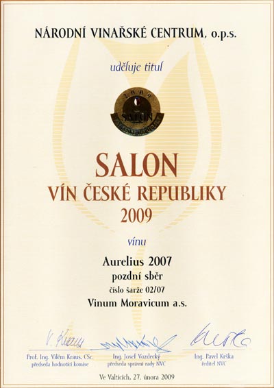 Národní vinařské centrum, o.p.s. uděluje titul Salon vín České republiky 2009 Aurelius 2007, pozdní sběr, č. šarže: 02/07.
