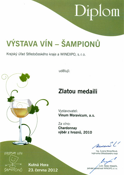 Výstava vín - šampionů 2012, Chardonnay  2010,  výběr z hroznů